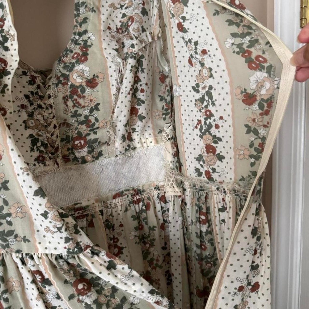 Vintage 70s Handmade Lace, Floral + Polka Dot Maxi Dress XS prairie boho green - Picture 7 of 8